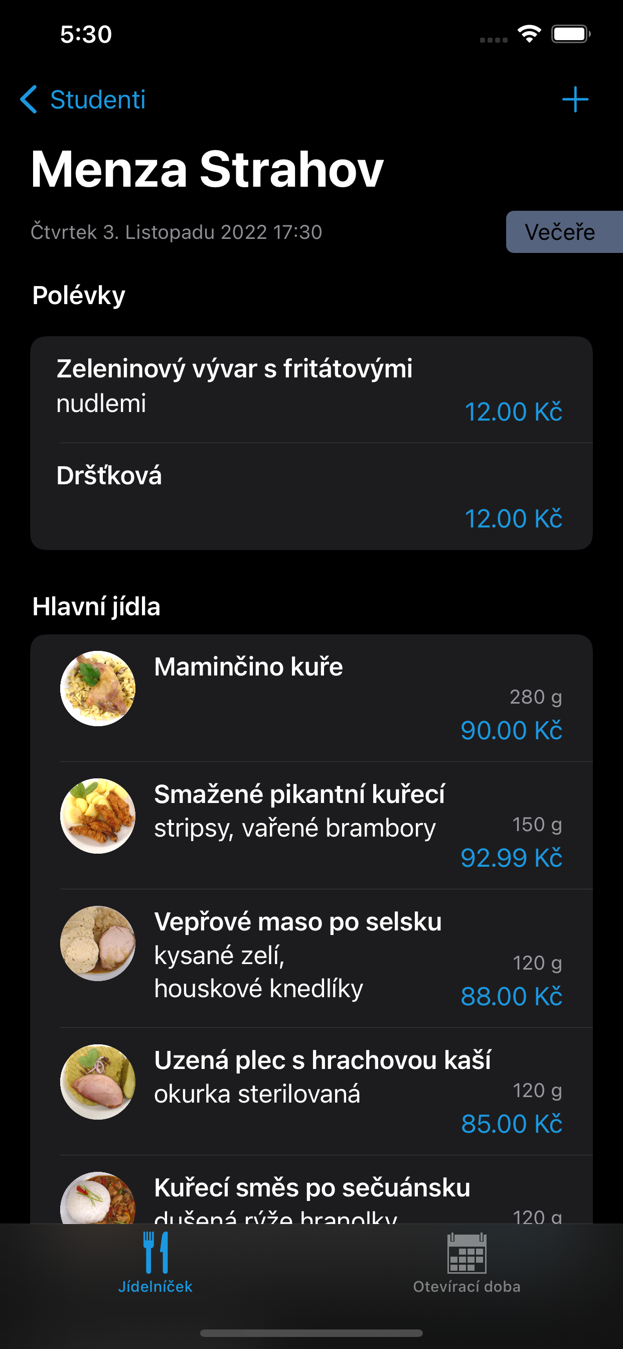Obrazovka: Denní menu (Tmavý mód)