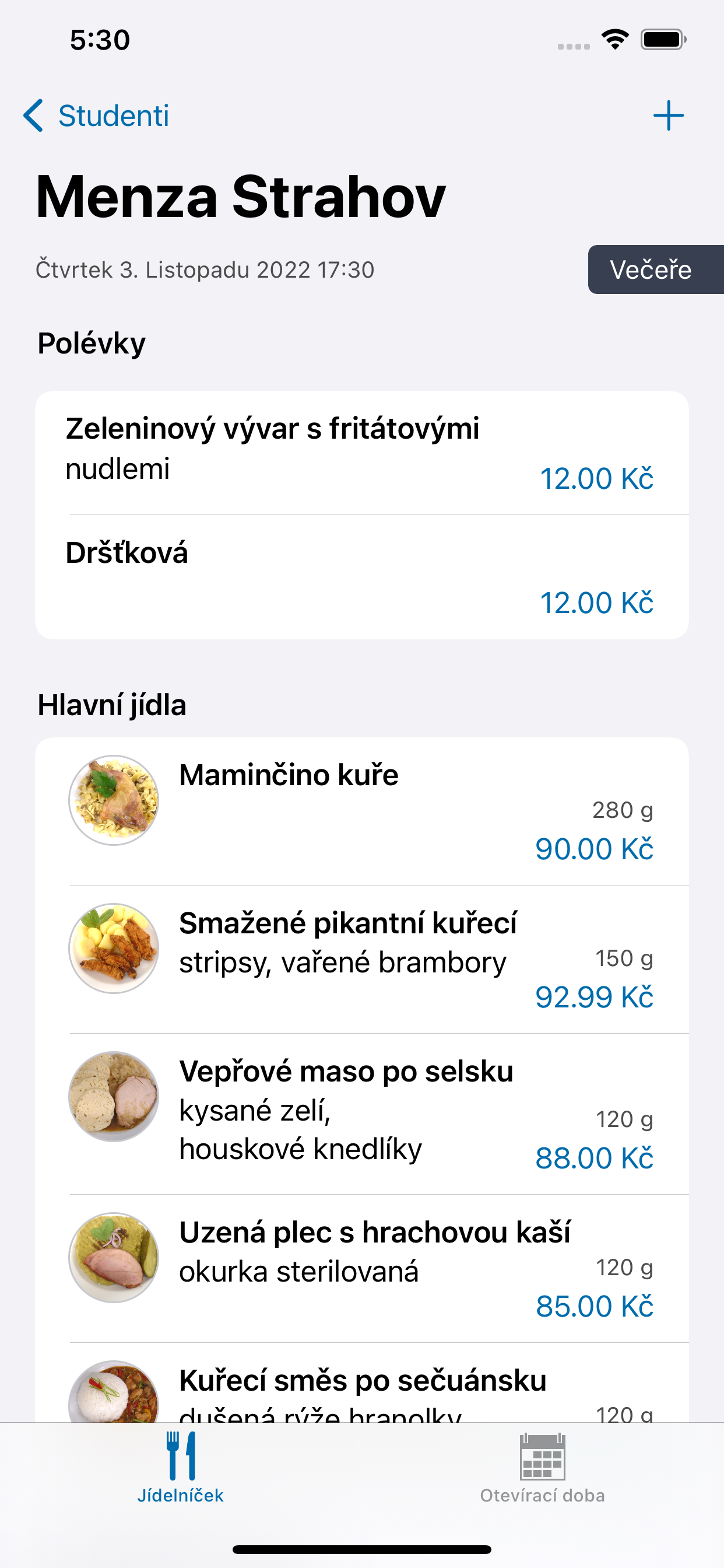 Obrazovka: Denní menu